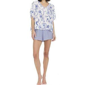 Flora by Flora Nikrooz Pajama Shorts Set Anaya Caftan Style - Blue Print - Sz L